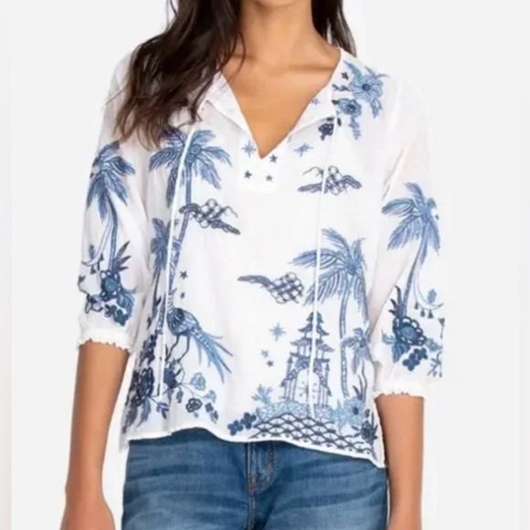 Johnny Was Tops - Johnny Was Gish split neckline top white blue small blouse floral trees $205